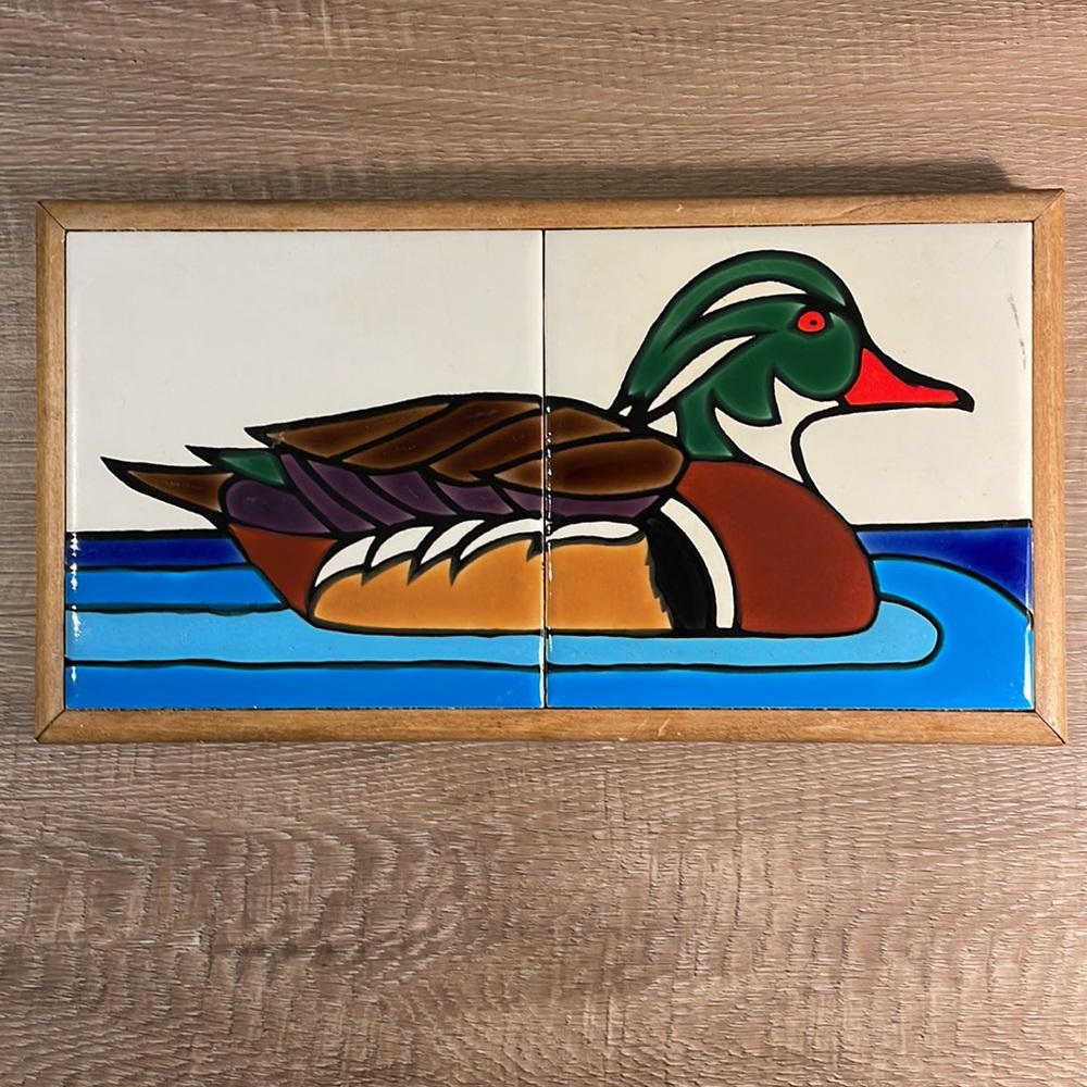 Vintage Colorful Ceramic Wood Mallard Duck Trivet MidCenturyModern Scandinavian